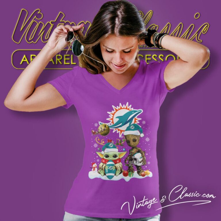 Miami Dolphins Shirt Baby Yoda And Groot Santa Christmas V Neck TShirt Miami Dolphins Shirt Baby Yoda And Groot Santa Christmas V Neck TShirt