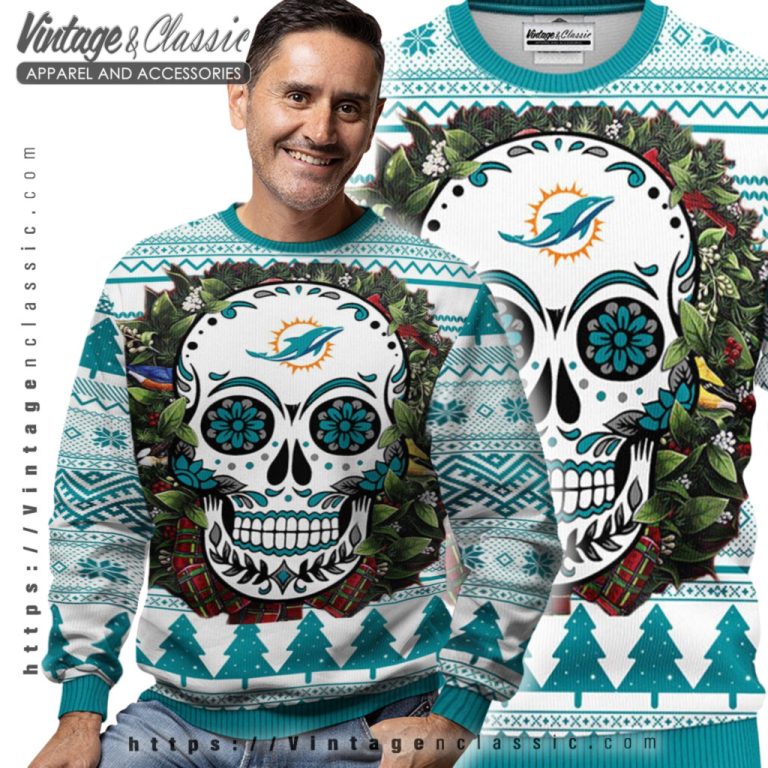Miami Dolphins Skull Flower Ugly Christmas Sweater Men Ugly Sweater Miami Dolphins Skull Flower Ugly Christmas Sweater Men Ugly Sweater