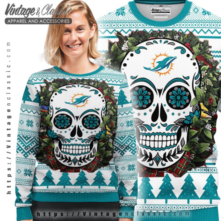 Miami Dolphins Skull Flower Ugly Christmas Sweater Ugly Sweater shirt Miami Dolphins Skull Flower Ugly Christmas Sweater Ugly Sweater shirt
