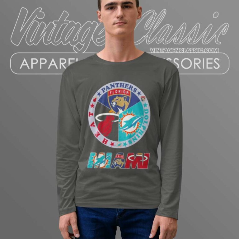 Miami Sport Team Miami Dolphins Florida Panthers And Miami Heat Long Sleeve Tee Miami Sport Team Miami Dolphins Florida Panthers And Miami Heat Long Sleeve Tee