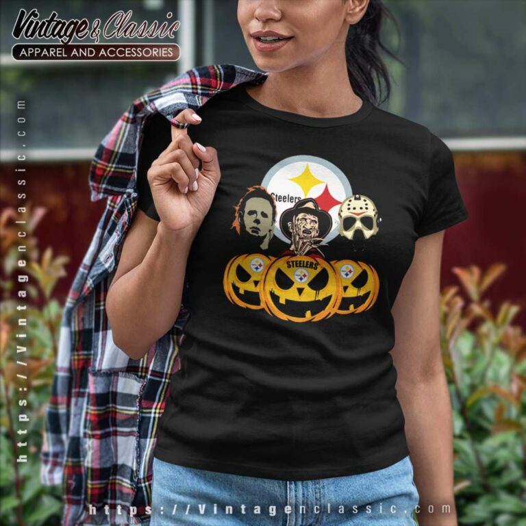 Michael Myers Freddy Krueger Jason Voorhees Pittsburgh Steelers Halloween Women TShirt Michael Myers Freddy Krueger Jason Voorhees Pittsburgh Steelers Halloween Women TShirt