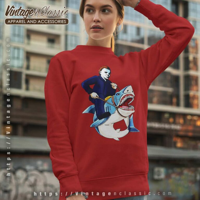 Michael Myers Riding Shark Halloween Sweatshirt Michael Myers Riding Shark Halloween Sweatshirt