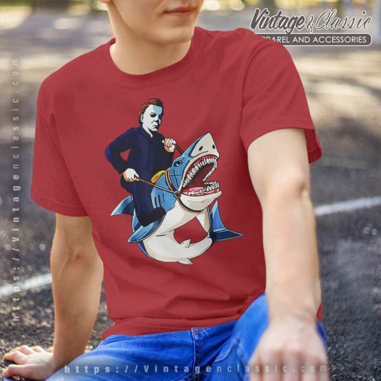 Michael Myers Riding Shark Halloween T Shirt Michael Myers Riding Shark Halloween T Shirt