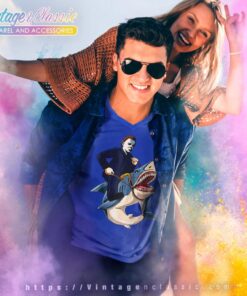 Michael Myers Riding Shark Halloween Shirt 4 Michael Myers Riding Shark Halloween V Neck TShirt