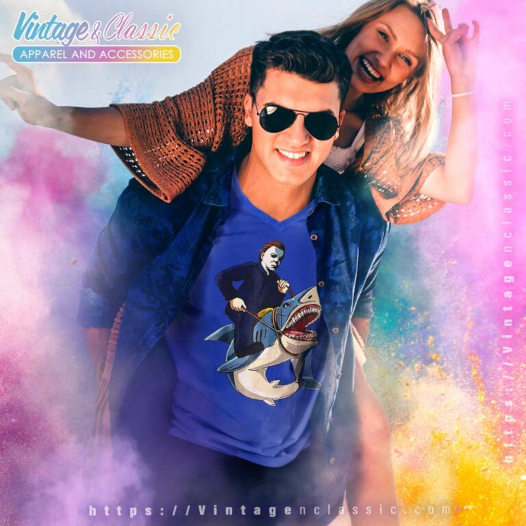 Michael Myers Riding Shark Halloween V Neck TShirt Michael Myers Riding Shark Halloween V Neck TShirt