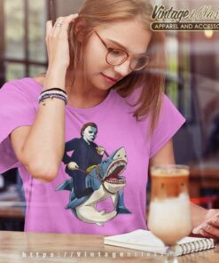 Michael Myers Riding Shark Halloween Shirt 5 Michael Myers Riding Shark Halloween Women TShirt