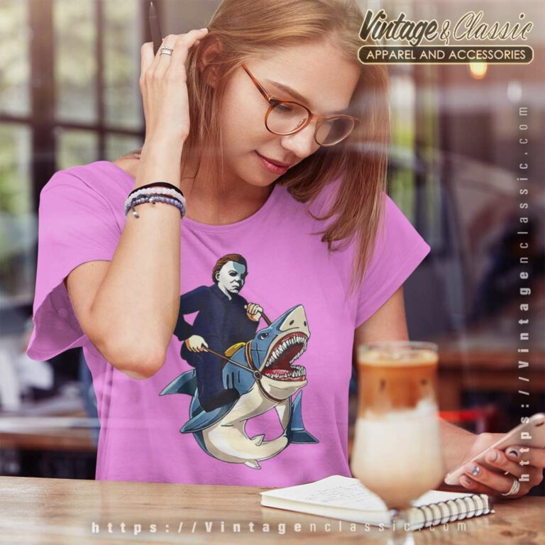Michael Myers Riding Shark Halloween Women TShirt Michael Myers Riding Shark Halloween Women TShirt