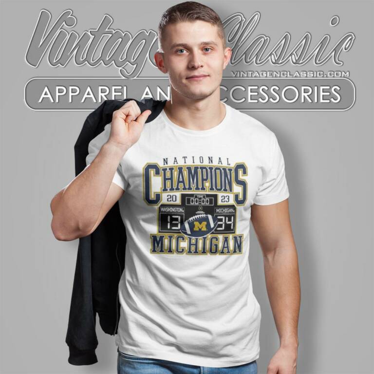 Michigan Wolverines 34 13 Washington 2023 National Champions Scoreboard Time T Shirt Michigan Wolverines 34 13 Washington 2023 National Champions Scoreboard Time T Shirt