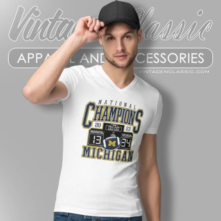 Michigan Wolverines 34 13 Washington 2023 National Champions Scoreboard Time V Neck TShirt Michigan Wolverines 34 13 Washington 2023 National Champions Scoreboard Time V Neck TShirt