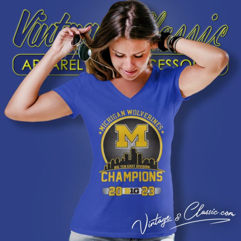 Michigan Wolverines Big Ten East Division Champions 2023 Skyline V Neck TShirt Michigan Wolverines Big Ten East Division Champions 2023 Skyline V Neck TShirt