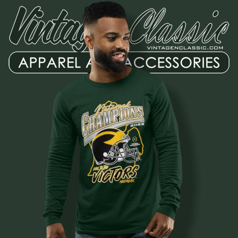 Michigan Wolverines Champion College Football Playoff 2023 National Helmet Long Sleeve Tee Michigan Wolverines Champion College Football Playoff 2023 National Helmet Long Sleeve Tee