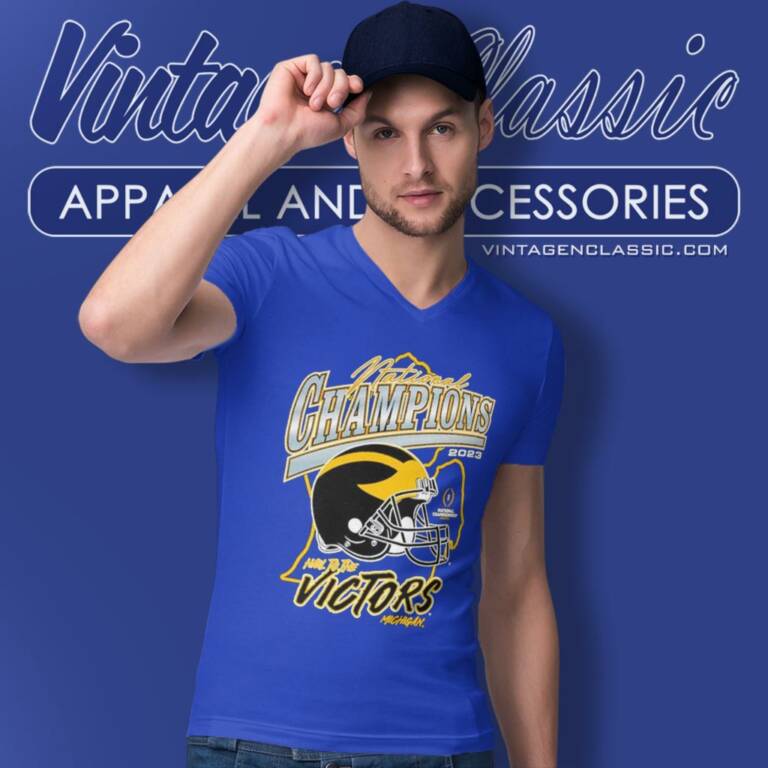 Michigan Wolverines Champion College Football Playoff 2023 National Helmet V Neck TShirt Michigan Wolverines Champion College Football Playoff 2023 National Helmet V Neck TShirt