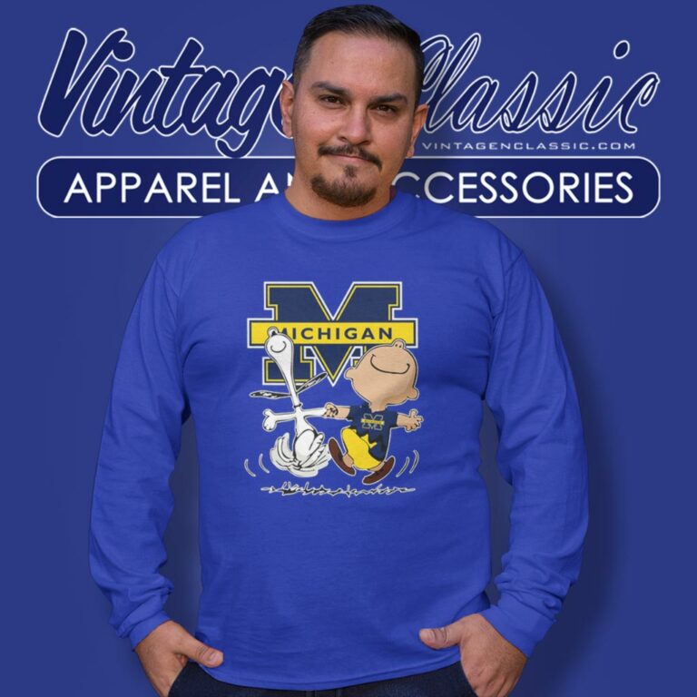 Michigan Wolverines Charlie Brown Snoopy Dancing Long Sleeve Tee Michigan Wolverines Charlie Brown Snoopy Dancing Long Sleeve Tee