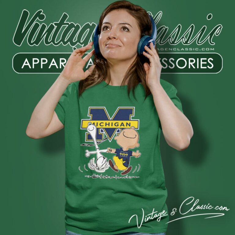 Michigan Wolverines Charlie Brown Snoopy Dancing Women T Shirt Michigan Wolverines Charlie Brown Snoopy Dancing Women T Shirt