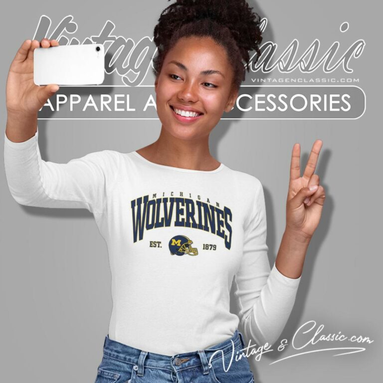 Michigan Wolverines Football Est 1879 Helmet Retro Long Sleeve Tee Michigan Wolverines Football Est 1879 Helmet Retro Long Sleeve Tee