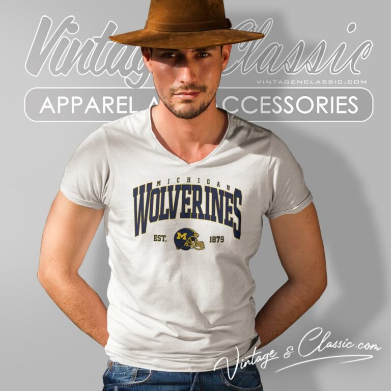 Michigan Wolverines Football Est 1879 Helmet Retro V Neck TShirt Michigan Wolverines Football Est 1879 Helmet Retro V Neck TShirt