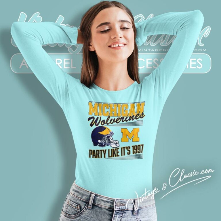 Michigan Wolverines Football Party Like Its 1997 Helmet Logo Long Sleeve Tee Michigan Wolverines Football Party Like Its 1997 Helmet Logo Long Sleeve Tee