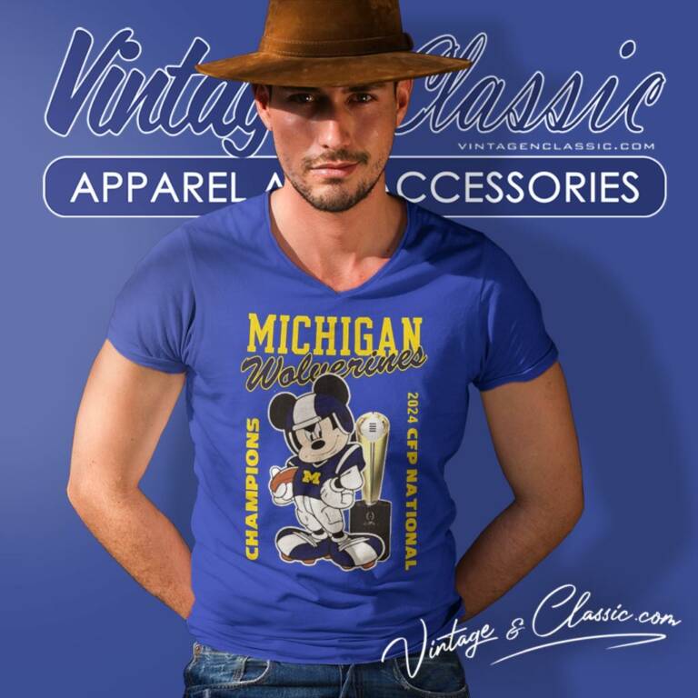 Michigan Wolverines Mickey Mouse 2024 Cfp National Champions V Neck TShirt Michigan Wolverines Mickey Mouse 2024 Cfp National Champions V Neck TShirt