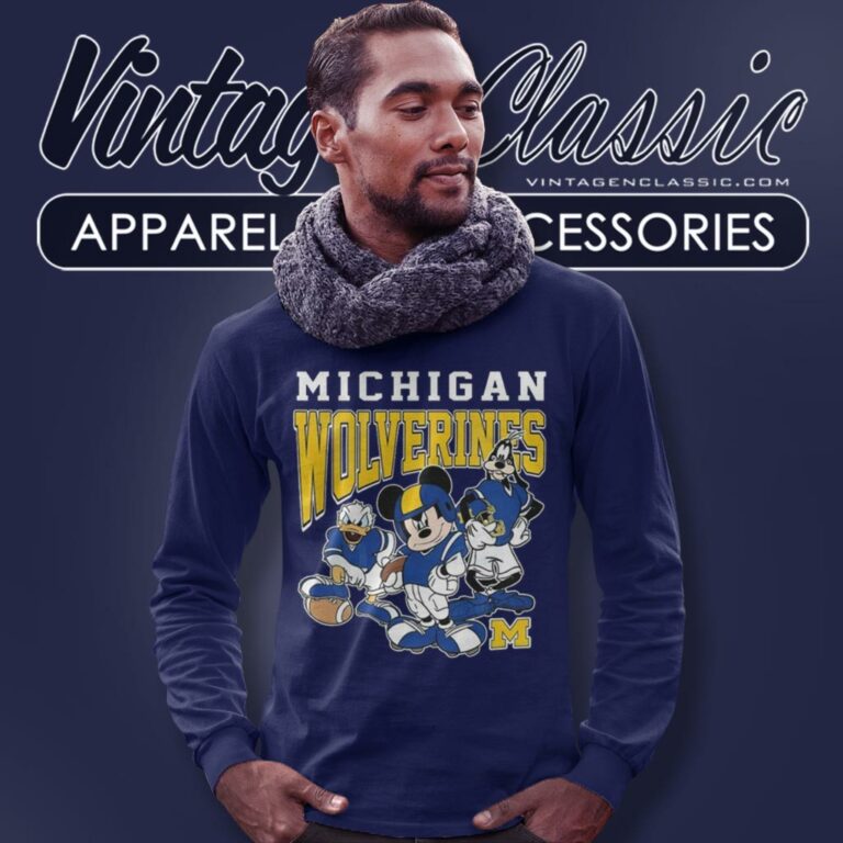 Michigan Wolverines Mickey Mouse Donald Duck Goofy Long Sleeve Tee Michigan Wolverines Mickey Mouse Donald Duck Goofy Long Sleeve Tee