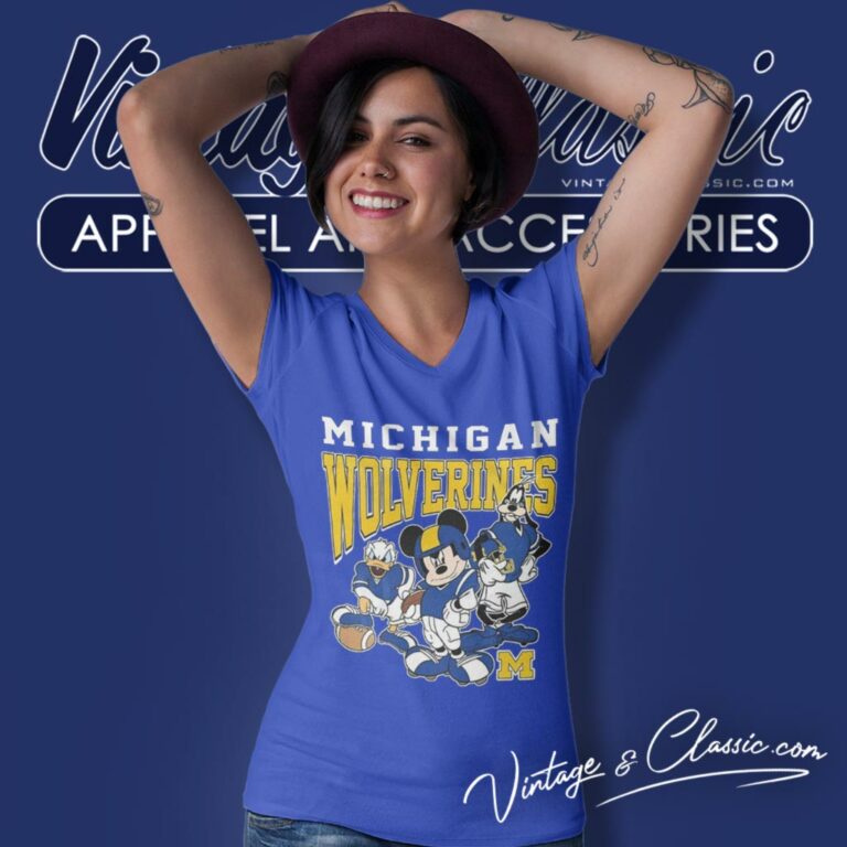 Michigan Wolverines Mickey Mouse Donald Duck Goofy V Neck TShirt Michigan Wolverines Mickey Mouse Donald Duck Goofy V Neck TShirt