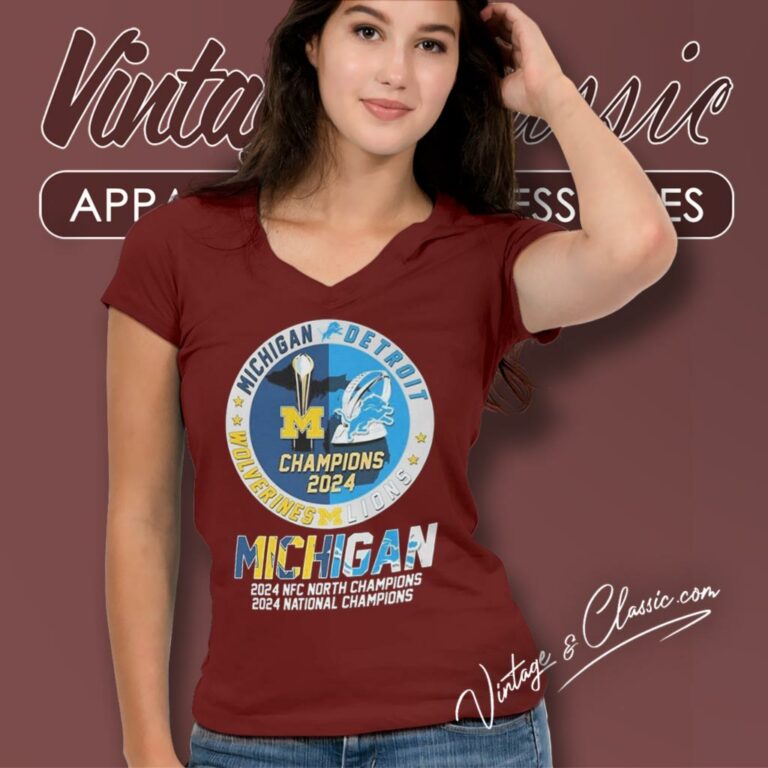 Michigan Wolverines National Champions And Detroit Lion Nfc North Champions 2024 V Neck TShirt Michigan Wolverines National Champions And Detroit Lion Nfc North Champions 2024 V Neck TShirt