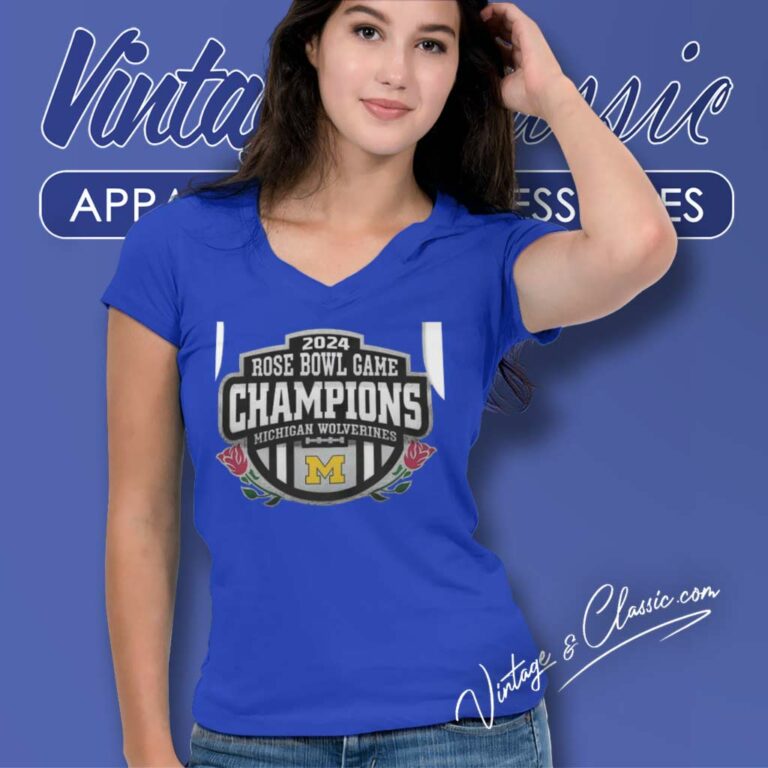 Michigan Wolverines Rose Bowl Game Champions 2024 V Neck TShirt 1 Michigan Wolverines Rose Bowl Game Champions 2024 V Neck TShirt 1