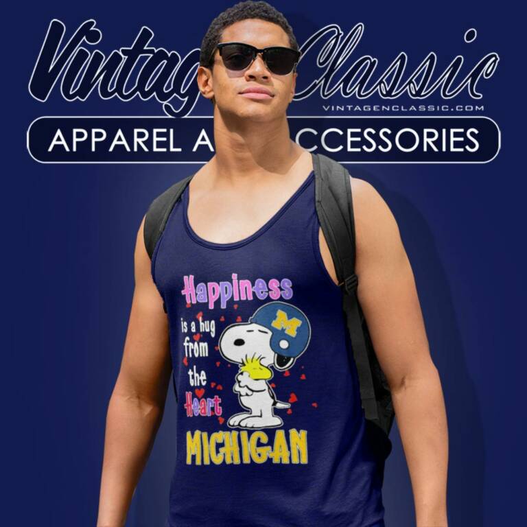 Michigan Wolverines Snoopy And Woodstock Happiness Is A Hug From The Heart Tank Top Racerback Michigan Wolverines Snoopy And Woodstock Happiness Is A Hug From The Heart Tank Top Racerback