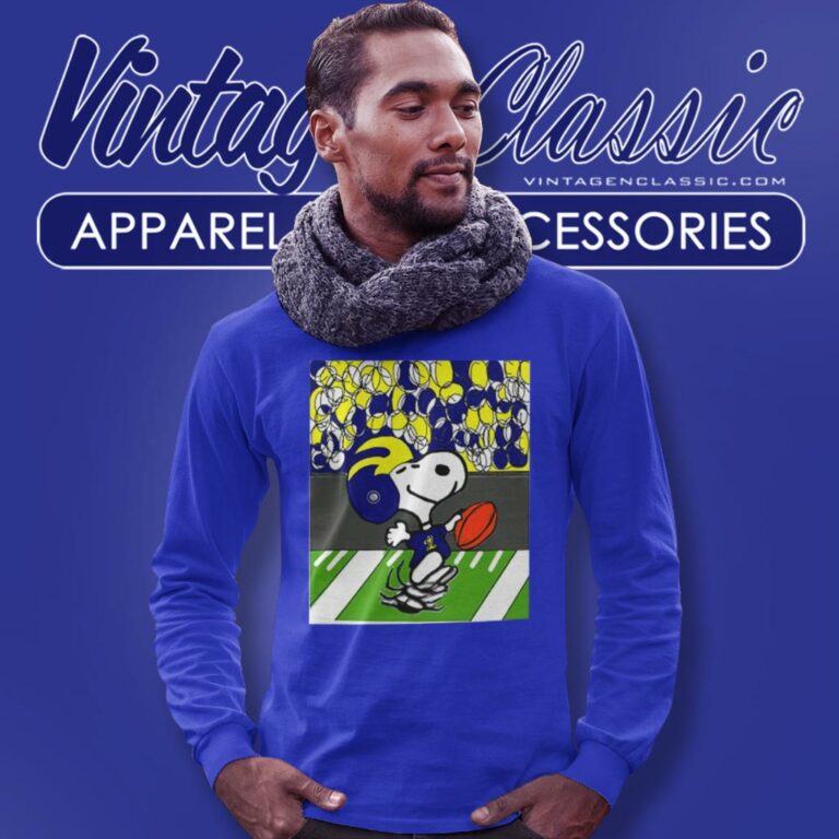 Michigan Wolverines Snoopy Wearing Maize And Blue Long Sleeve Tee Michigan Wolverines Snoopy Wearing Maize And Blue Long Sleeve Tee