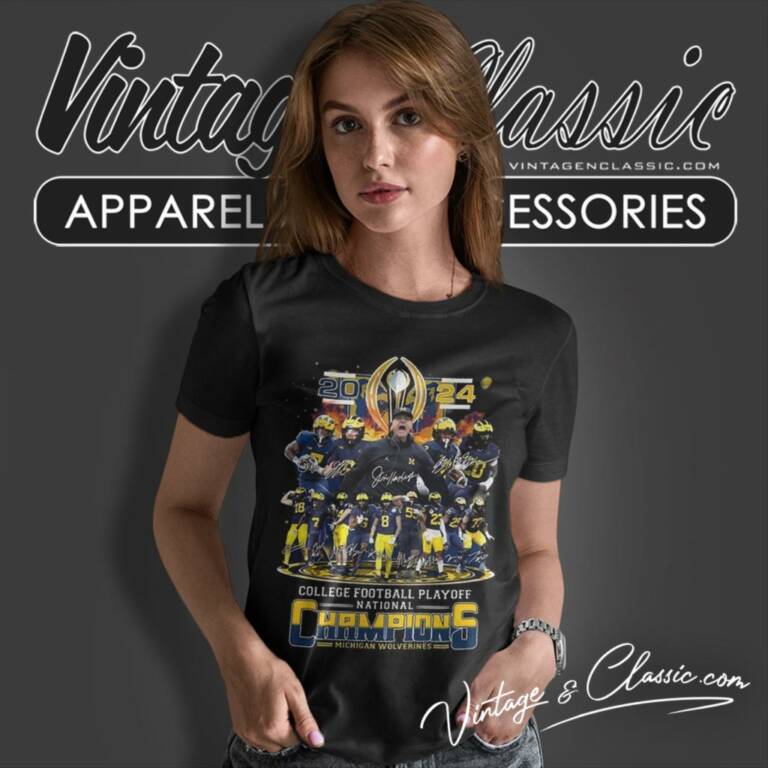 Michigan Wolverines Team Football 2024 Cfp National Champions Signatures Women T Shirt Michigan Wolverines Team Football 2024 Cfp National Champions Signatures Women T Shirt