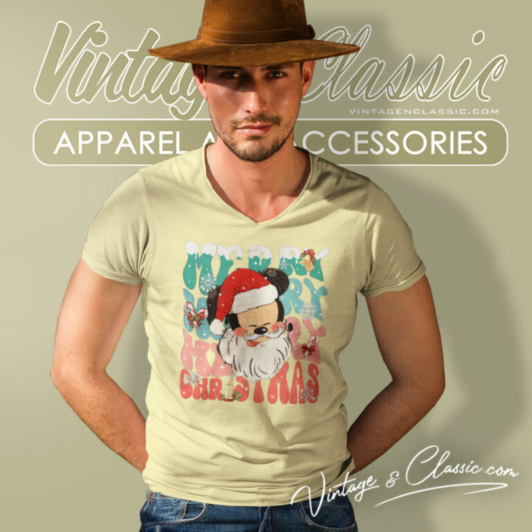 Mickey Santa Retro Merry Christmas V Neck TShirt Mickey Santa Retro Merry Christmas V Neck TShirt