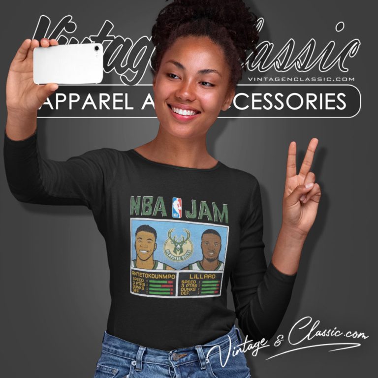 Milwaukee Bucks Damian Lillard Giannis Antetokounmpo Homage Charcoal Nba Jam Long Sleeve Tee Milwaukee Bucks Damian Lillard Giannis Antetokounmpo Homage Charcoal Nba Jam Long Sleeve Tee