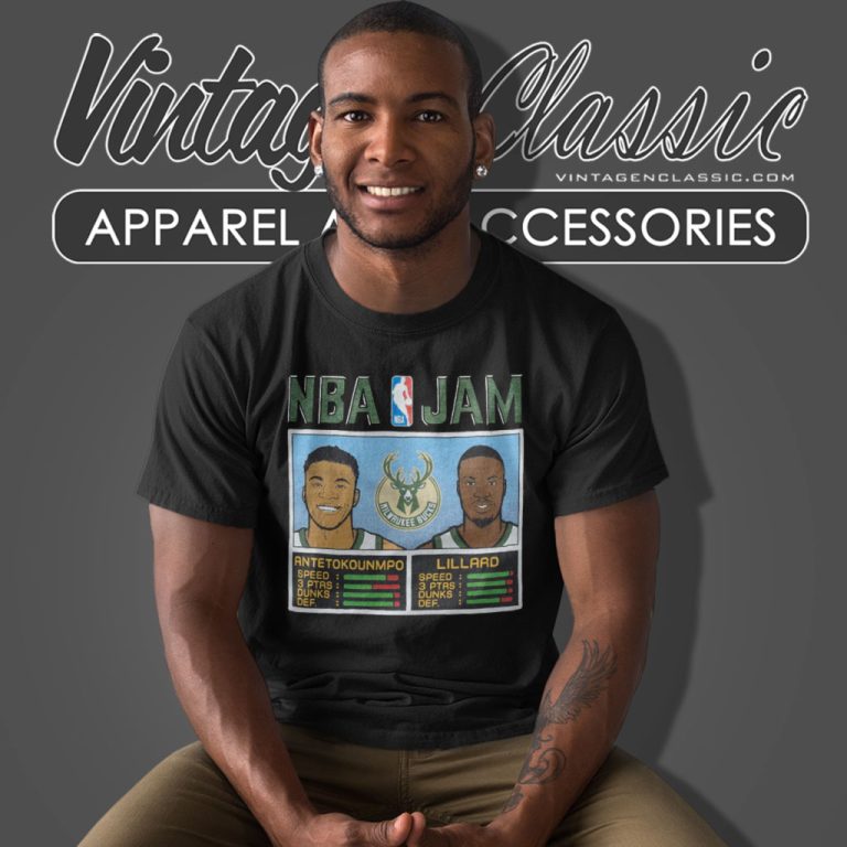 Milwaukee Bucks Damian Lillard Giannis Antetokounmpo Homage Charcoal Nba Jam T Shirt Milwaukee Bucks Damian Lillard Giannis Antetokounmpo Homage Charcoal Nba Jam T Shirt
