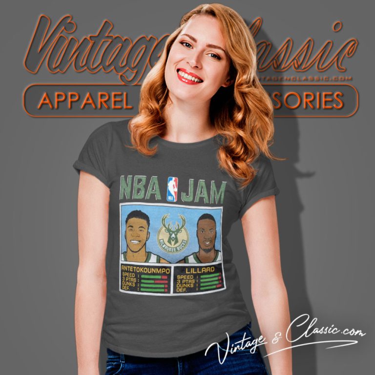 Milwaukee Bucks Damian Lillard Giannis Antetokounmpo Homage Charcoal Nba Jam Women T Shirt Milwaukee Bucks Damian Lillard Giannis Antetokounmpo Homage Charcoal Nba Jam Women T Shirt