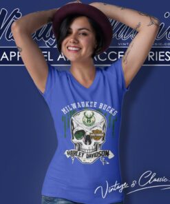 Milwaukee Bucks Harley Davidson Skull V Neck TShirt