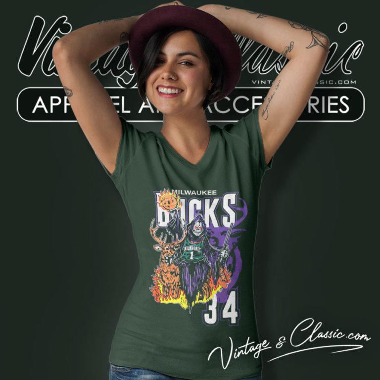 Milwaukee Bucks Nba 34 Warren Lotas Graphic V Neck TShirt Milwaukee Bucks Nba 34 Warren Lotas Graphic V Neck TShirt