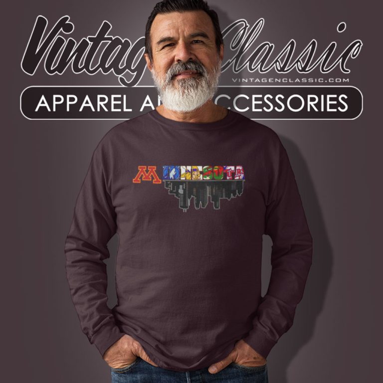 Minnesota Golden Gophers Minnesota Vikings Twins Timberwolves Wild Skyline Long Sleeve Tee Minnesota Golden Gophers Minnesota Vikings Twins Timberwolves Wild Skyline Long Sleeve Tee