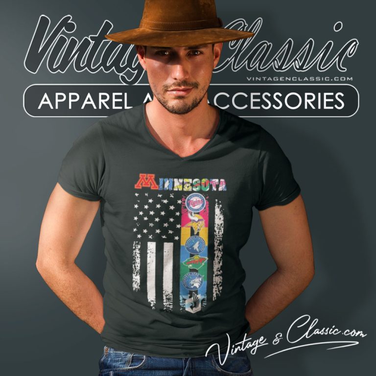 Minnesota Sport Team Logo 2023 American Flag V Neck TShirt Minnesota Sport Team Logo 2023 American Flag V Neck TShirt