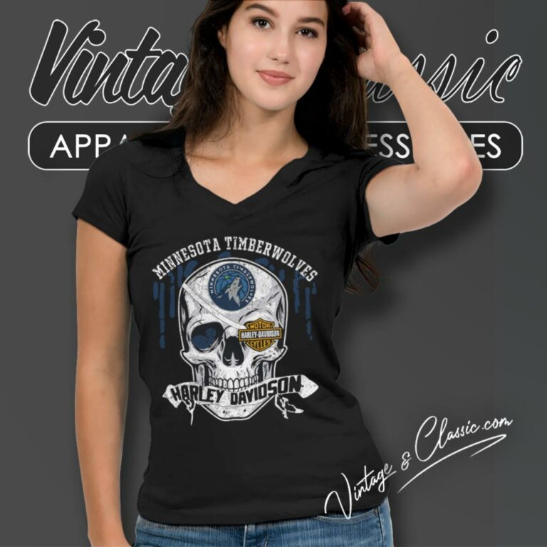 Minnesota Timberwolves Harley Davidson Skull V Neck TShirt Minnesota Timberwolves Harley Davidson Skull V Neck TShirt