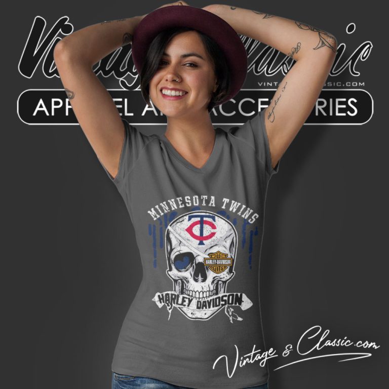Minnesota Twins Harley Davidson Skull V Neck TShirt Minnesota Twins Harley Davidson Skull V Neck TShirt