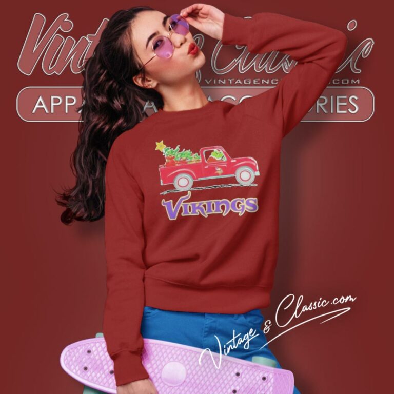 Minnesota Vikings Santa Grinch Driving Truck Christmas Sweatshirt Minnesota Vikings Santa Grinch Driving Truck Christmas Sweatshirt