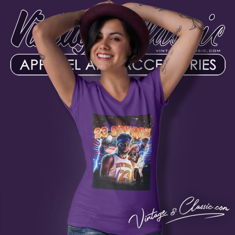 Mitchell Robinson New York Knicks 23 Savage V Neck TShirt Mitchell Robinson New York Knicks 23 Savage V Neck TShirt