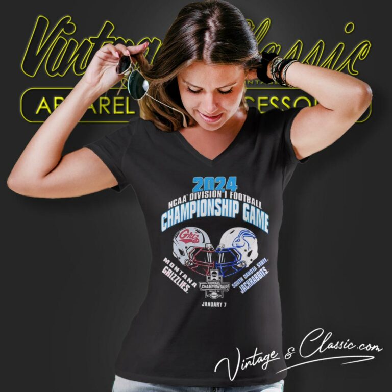 Montana Grizzlies Vs Jackrabbits Football 2024 Ncaa Division I Football Championship Matchup V Neck TShirt Montana Grizzlies Vs Jackrabbits Football 2024 Ncaa Division I Football Championship Matchup V Neck TShirt
