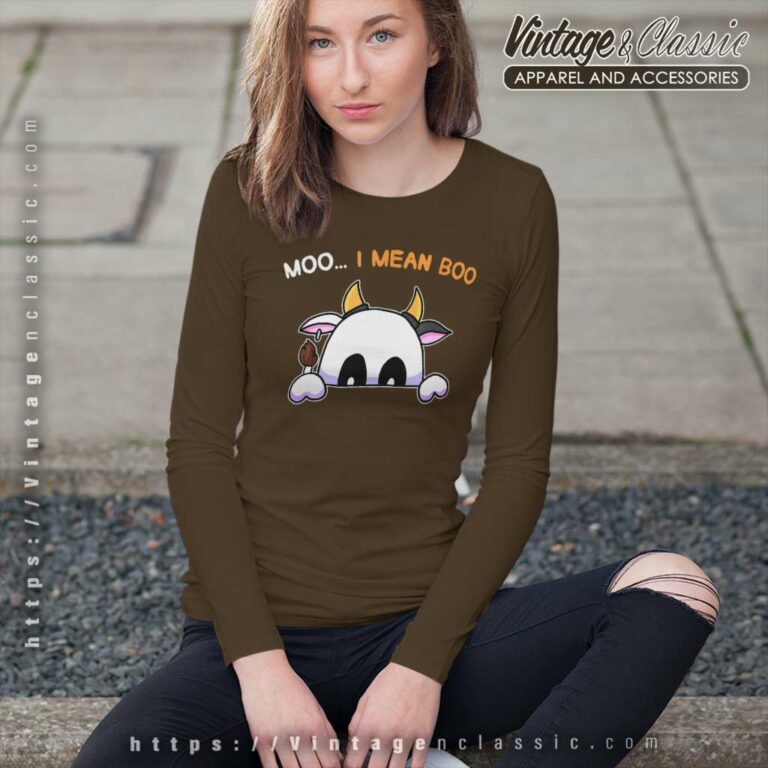 Moo I Mean Boo Farmer Ghost Cow Halloween Long Sleeve Tee Moo I Mean Boo Farmer Ghost Cow Halloween Long Sleeve Tee