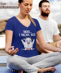 Moo I Mean Boo Ghost Cow Funny Halloween Farm V Neck TShirt