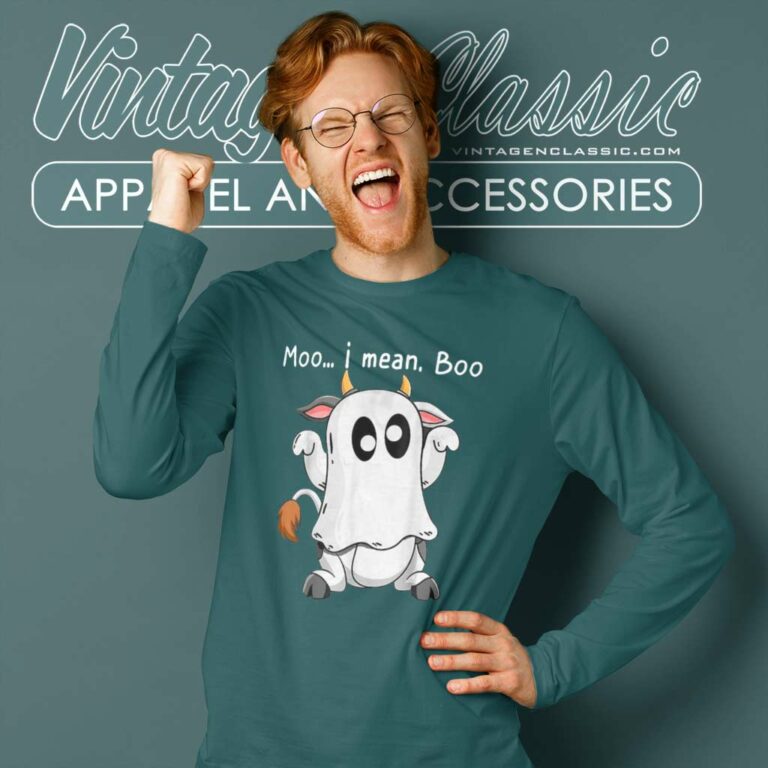 Moo I Mean Boo Ghost Cow Halloween Farmer Long Sleeve Tee Moo I Mean Boo Ghost Cow Halloween Farmer Long Sleeve Tee