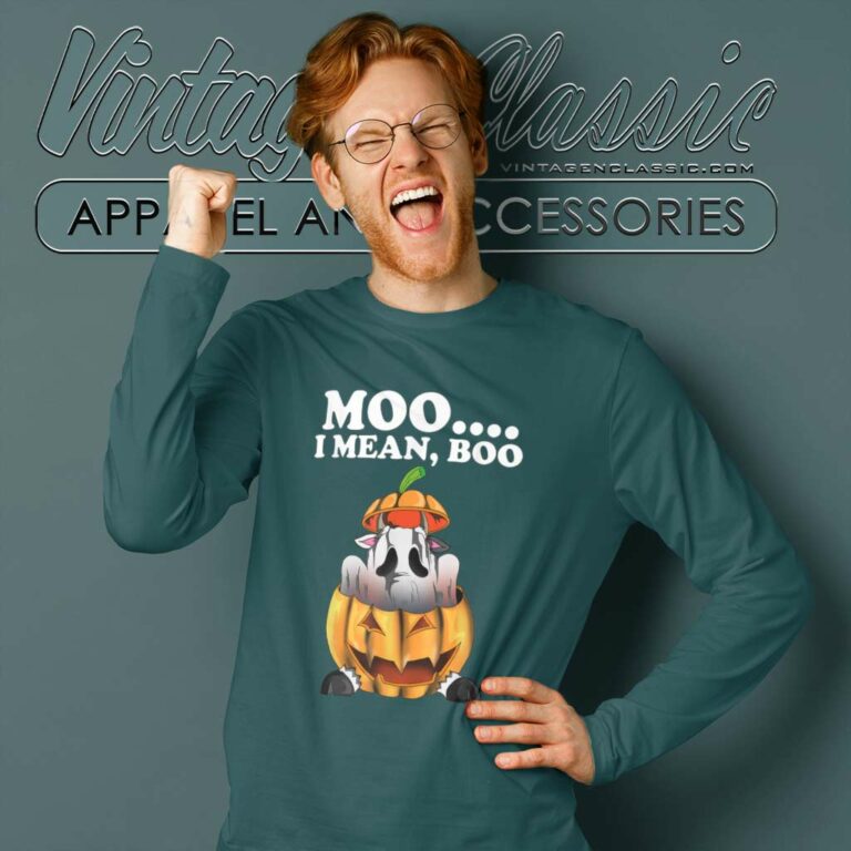 Moo I Mean Boo Halloween Pumpkin Cow Ghost Motif Cows Long Sleeve Tee Moo I Mean Boo Halloween Pumpkin Cow Ghost Motif Cows Long Sleeve Tee