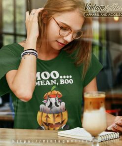 Moo I Mean Boo Halloween Pumpkin Cow Ghost Motif Cows Women TShirt