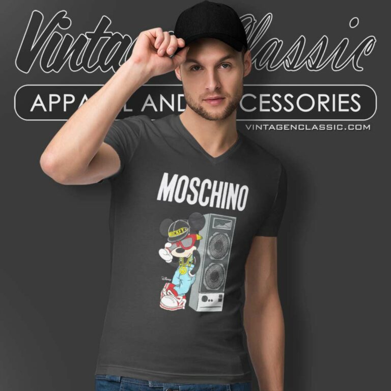 Moschino Mickey Lean On Speakers V Neck TShirt Moschino Mickey Lean On Speakers V Neck TShirt