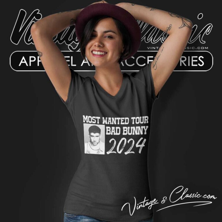 Most Wanted Tour 2024 Bad Bunny V Neck TShirt Most Wanted Tour 2024 Bad Bunny V Neck TShirt