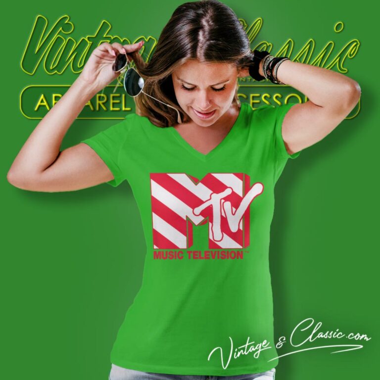 Mtv Candy Cane Logo V Neck TShirt Mtv Candy Cane Logo V Neck TShirt